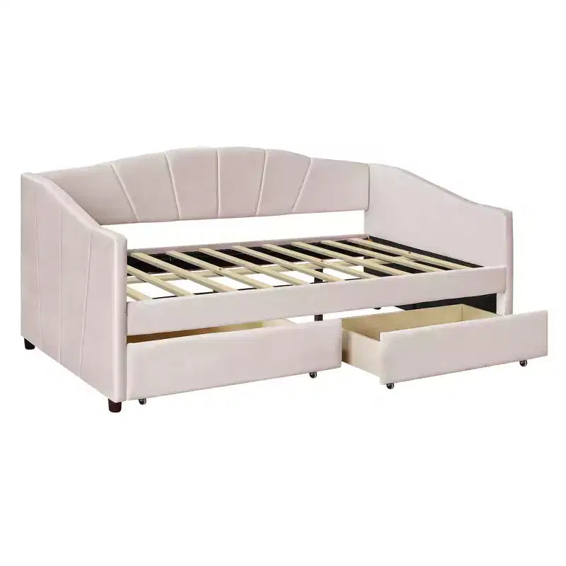 Divano letto matrimoniale a L in velluto beige/grigio con cassetti portaoggetti, 2 posti a sedere