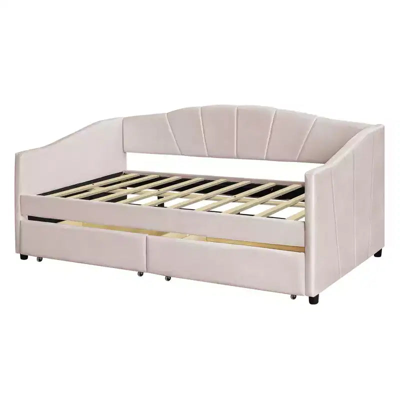 Divano letto matrimoniale a L in velluto beige/grigio con cassetti portaoggetti, 2 posti a sedere