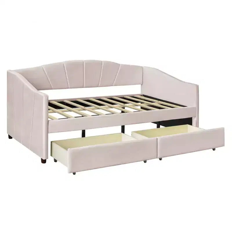 Divano letto matrimoniale a L in velluto beige/grigio con cassetti portaoggetti, 2 posti a sedere