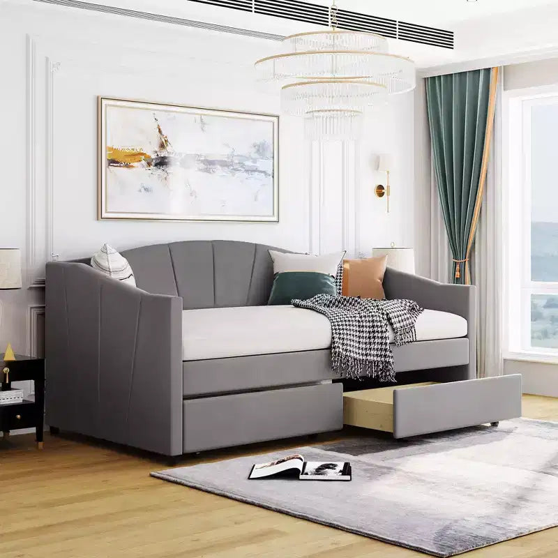 Divano letto matrimoniale a L in velluto beige/grigio con cassetti portaoggetti, 2 posti a sedere