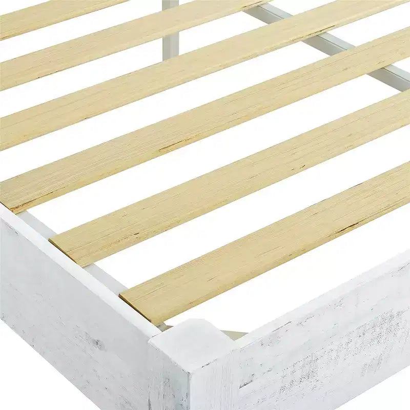 Telaio letto matrimoniale rialzato in legno di pino sbiancato, stile rustico, 1 posto letto