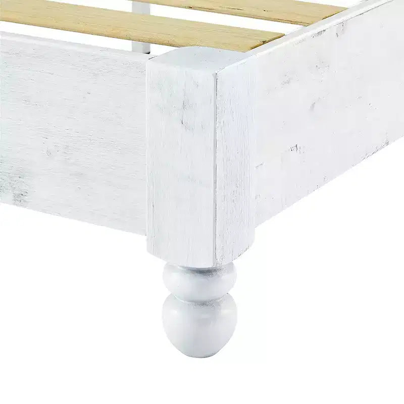 Telaio letto matrimoniale rialzato in legno di pino sbiancato, stile rustico, 1 posto letto