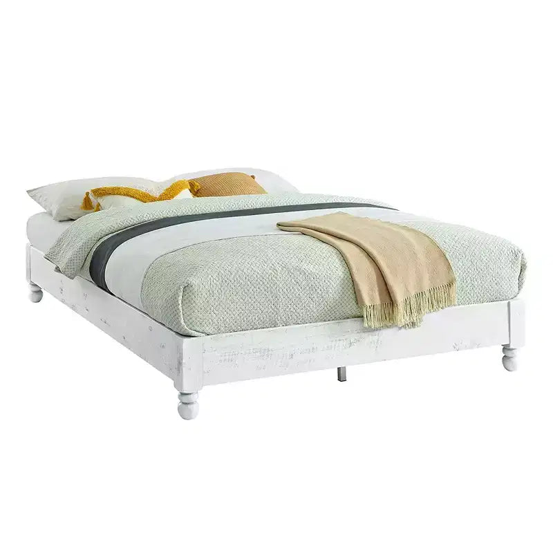 Telaio letto matrimoniale rialzato in legno di pino sbiancato, stile rustico, 1 posto letto
