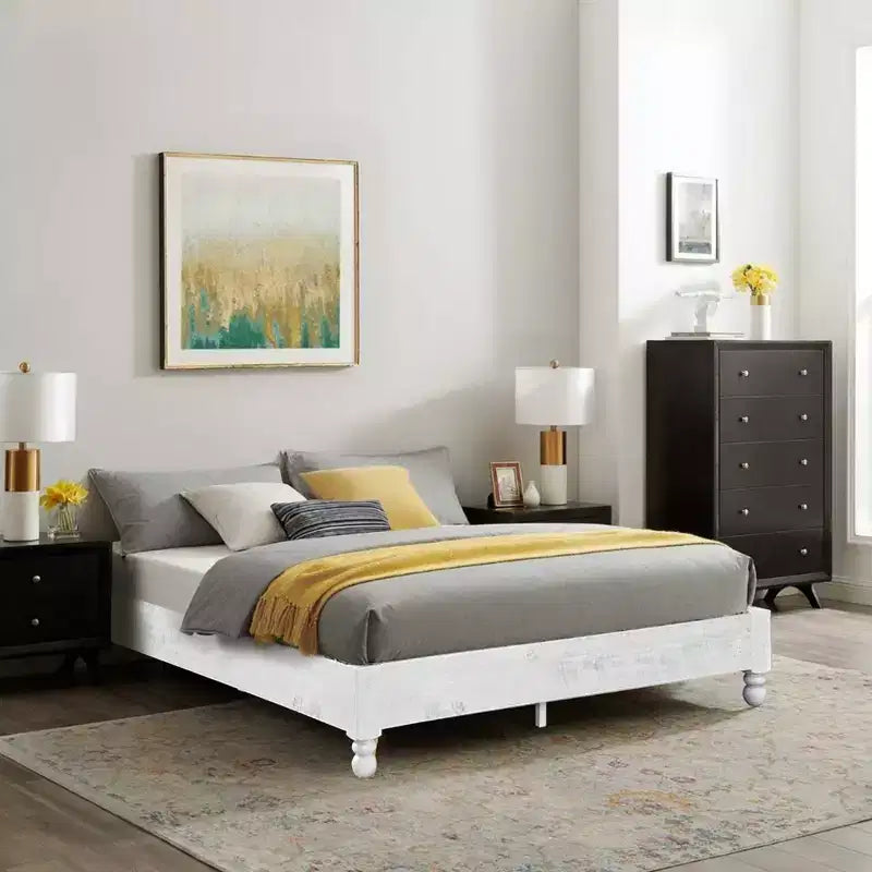 Telaio letto matrimoniale rialzato in legno di pino sbiancato, stile rustico, 1 posto letto