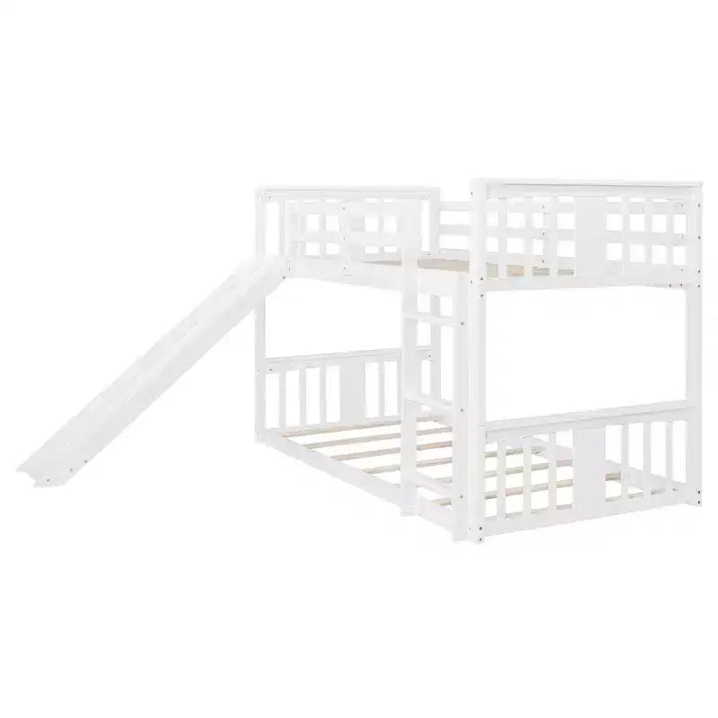 Letto a castello basso in legno grigio/bianco singolo su singolo con scivolo reversibile per 2 bambini