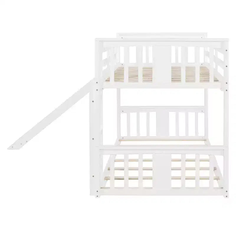 Letto a castello basso in legno grigio/bianco singolo su singolo con scivolo reversibile per 2 bambini