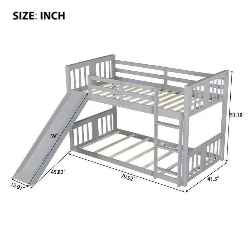 Letto a castello basso in legno grigio/bianco singolo su singolo con scivolo reversibile per 2 bambini