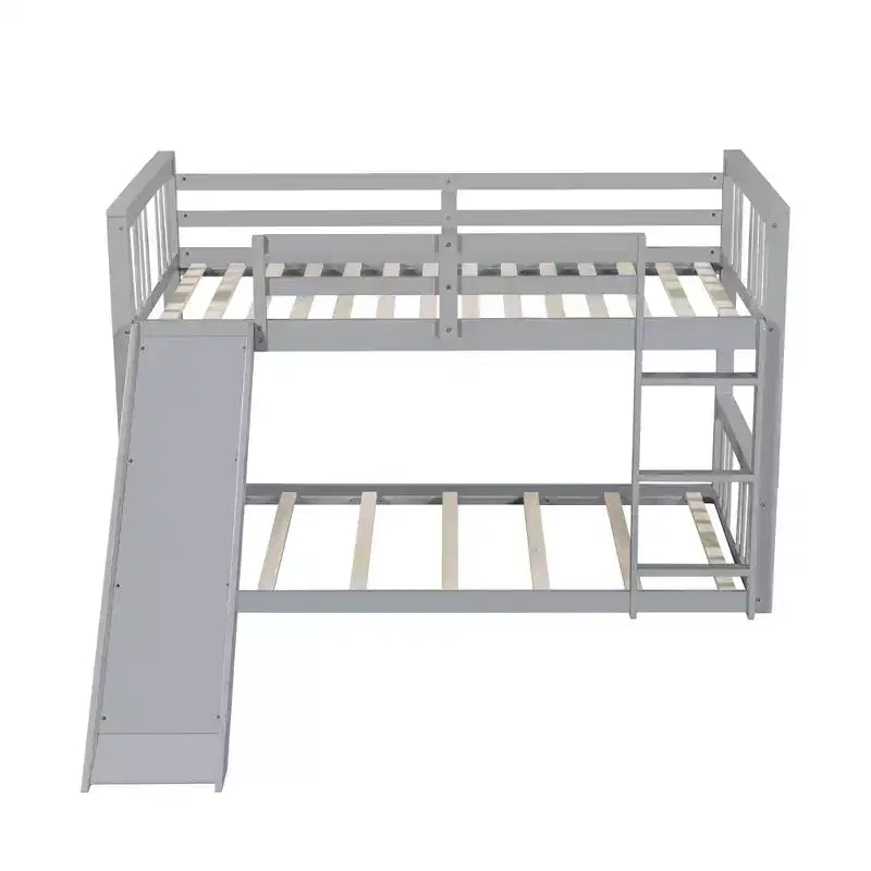 Letto a castello basso in legno grigio/bianco singolo su singolo con scivolo reversibile per 2 bambini
