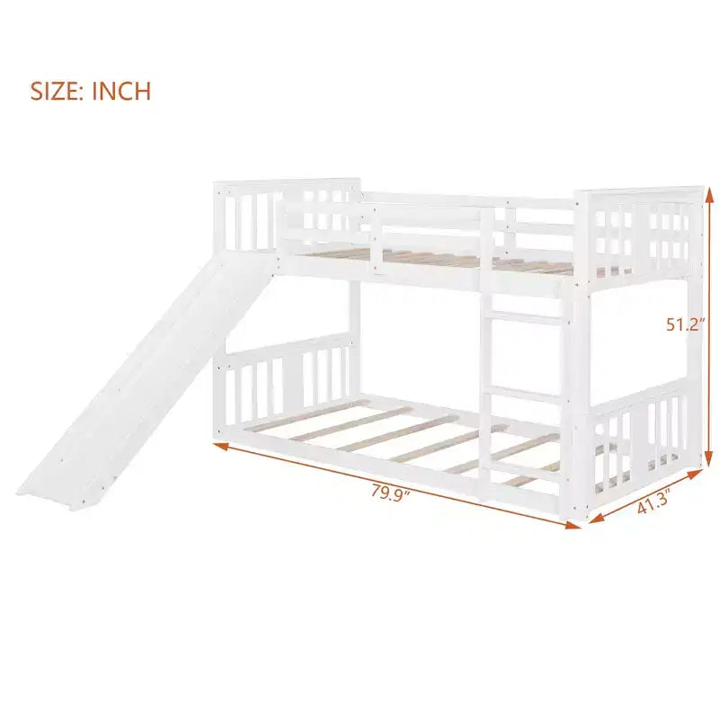Letto a castello basso in legno grigio/bianco singolo su singolo con scivolo reversibile per 2 bambini