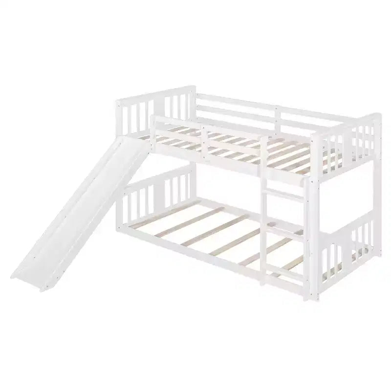 Letto a castello basso in legno grigio/bianco singolo su singolo con scivolo reversibile per 2 bambini