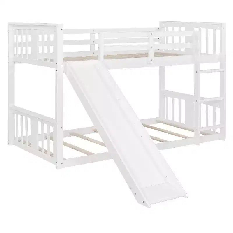 Letto a castello basso in legno grigio/bianco singolo su singolo con scivolo reversibile per 2 bambini