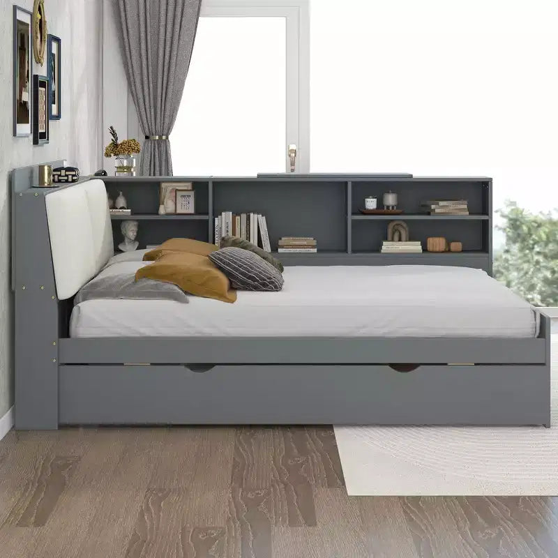 Letto a Piattaforma Imbottito Matrimoniale con Testiera Contenitore, Mensole e Letto Estraibile – Struttura in Legno, 2 Posti Letto
