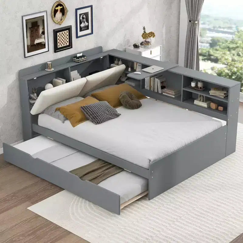 Letto a Piattaforma Imbottito Matrimoniale con Testiera Contenitore, Mensole e Letto Estraibile – Struttura in Legno, 2 Posti Letto