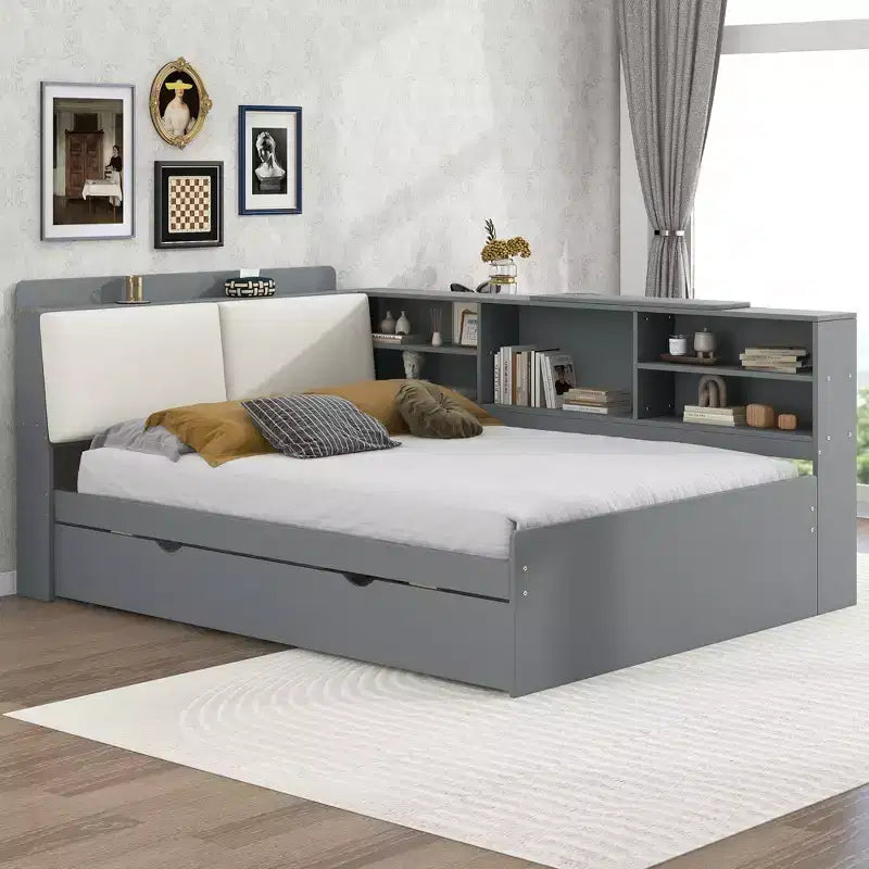 Letto a Piattaforma Imbottito Matrimoniale con Testiera Contenitore, Mensole e Letto Estraibile – Struttura in Legno, 2 Posti Letto