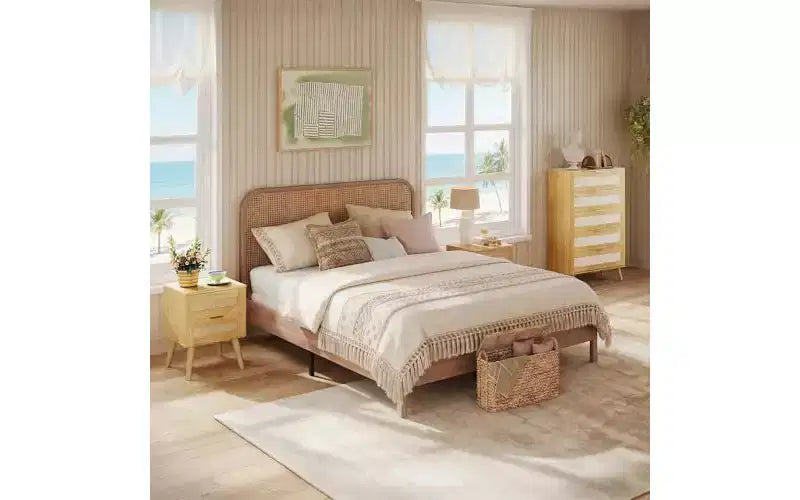 Comodino marrone in rattan con 2 cassetti – Tavolino da notte Boho, set da 2
