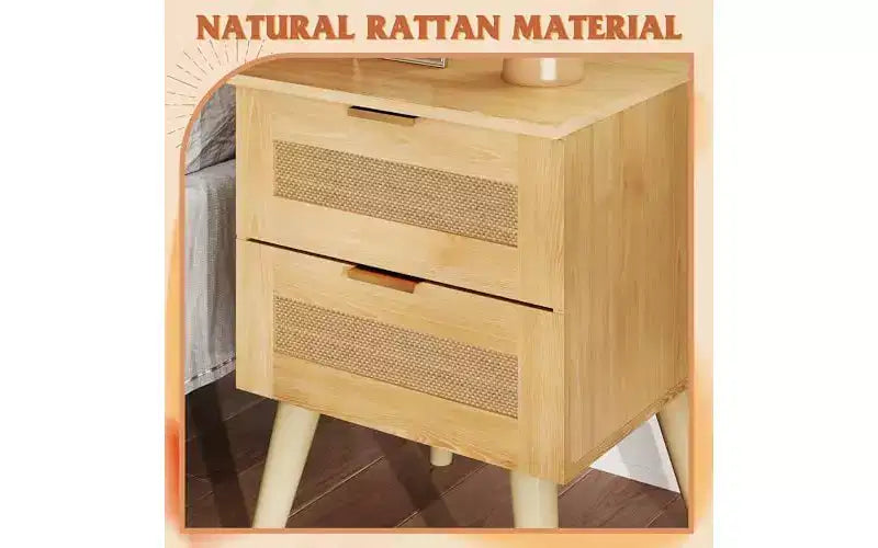 Comodino marrone in rattan con 2 cassetti – Tavolino da notte Boho, set da 2