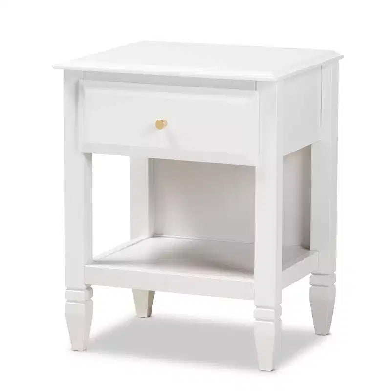1 Drawer Naomi Wood Bedroom Nightstand White/Gold - Baxton Studio: Glamorous Bedside Table with Gold-Tone Knob & Shelf