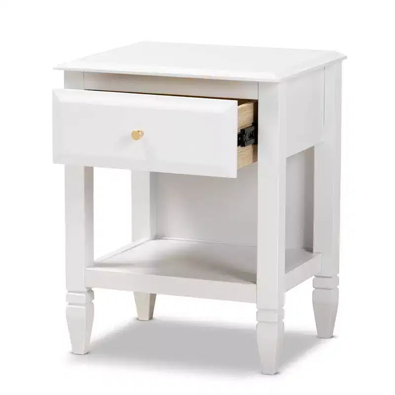 Comodino bianco e oro con 1 cassetto e ripiano aperto — Per 1