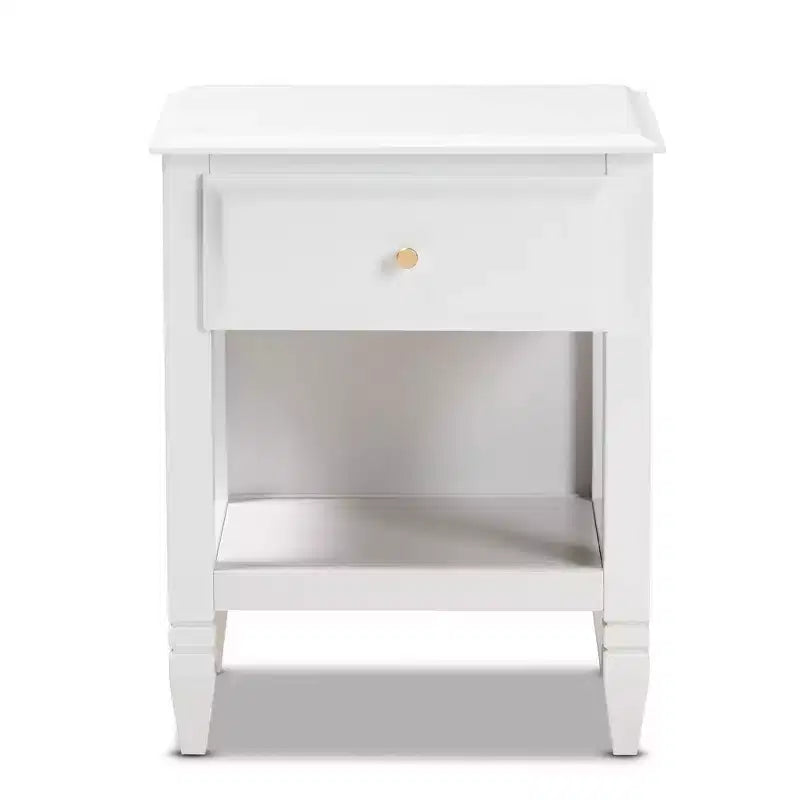 Comodino bianco e oro con 1 cassetto e ripiano aperto — Per 1