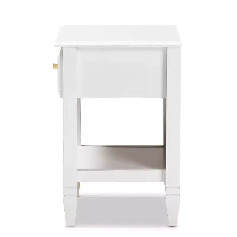 Comodino bianco e oro con 1 cassetto e ripiano aperto — Per 1