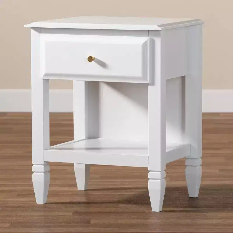 Comodino bianco e oro con 1 cassetto e ripiano aperto — Per 1