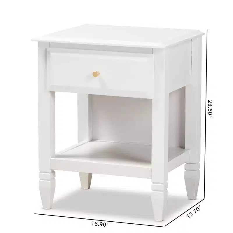 Comodino bianco e oro con 1 cassetto e ripiano aperto — Per 1