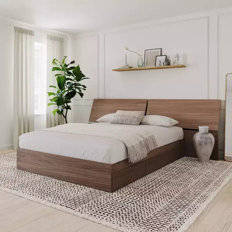 Letto a piattaforma Queen/Full in noce con cassetti contenitore