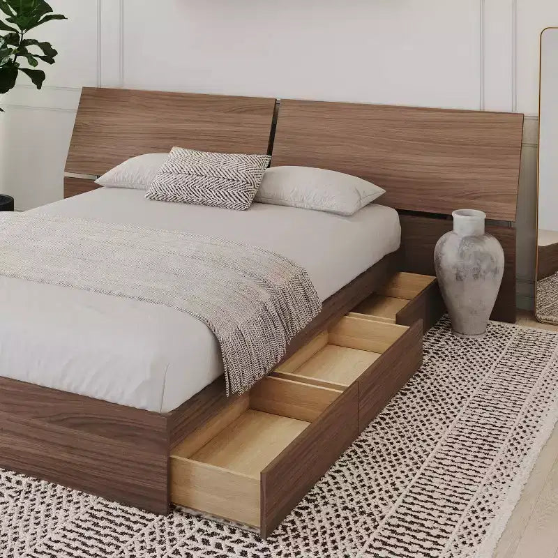 Letto a piattaforma Queen/Full in noce con cassetti contenitore