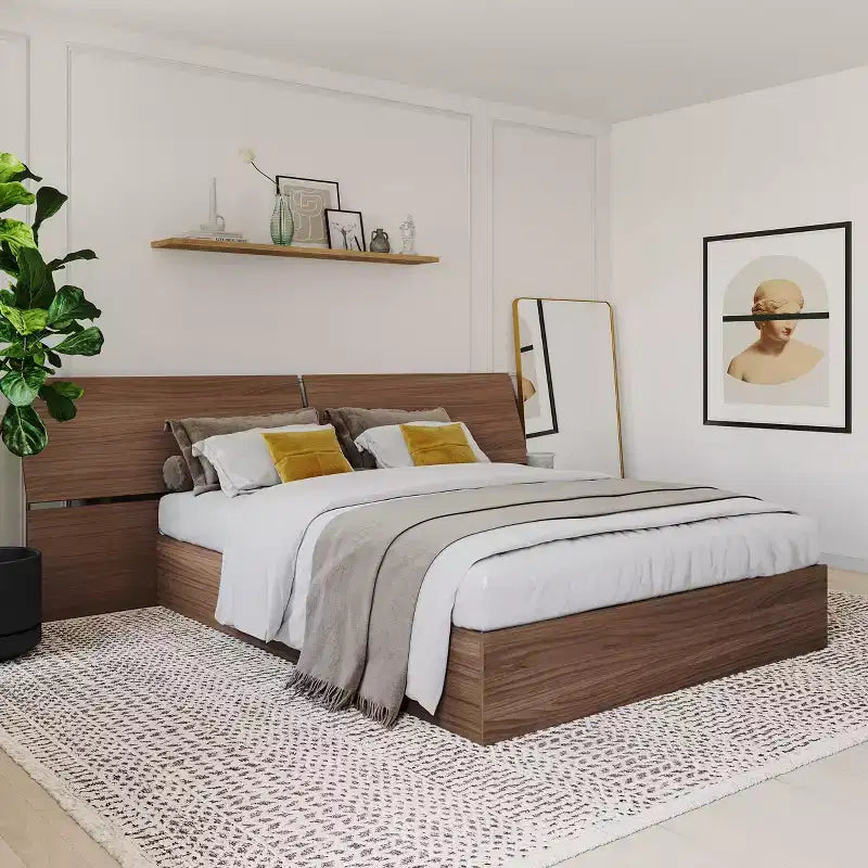 Letto a piattaforma Queen/Full in noce con cassetti contenitore