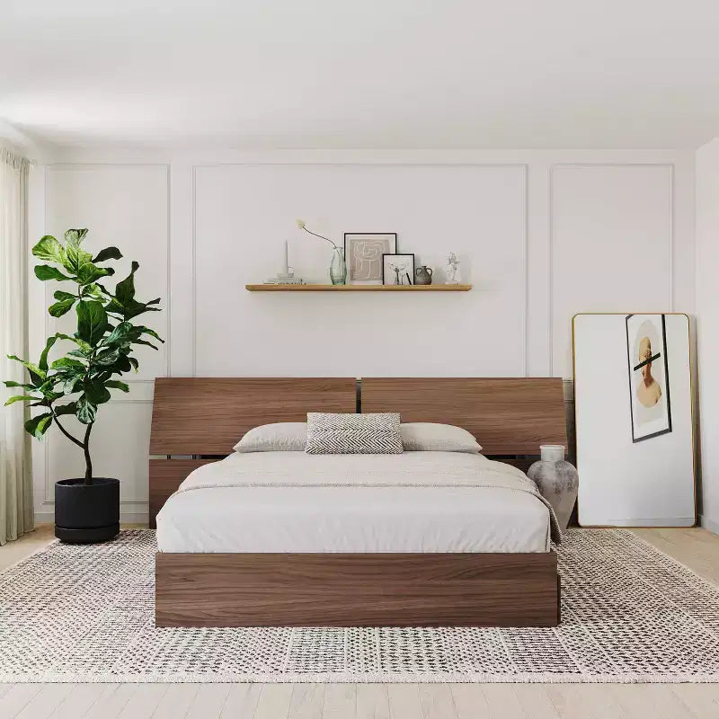 Letto a piattaforma Queen/Full in noce con cassetti contenitore