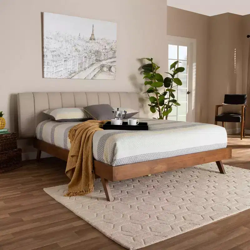Letto matrimoniale king size con piattaforma, in noce marrone e imbottitura beige, per 2 persone