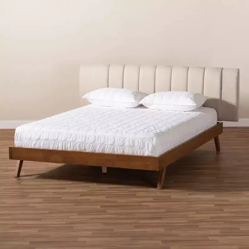 Letto matrimoniale king size con piattaforma, in noce marrone e imbottitura beige, per 2 persone