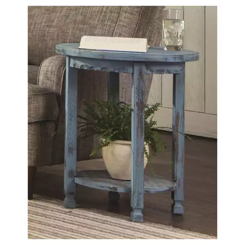 Tavolino rotondo in legno, finitura anticata, blu/bianco, 1 persona