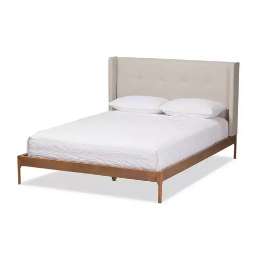 Brooklyn Mid Century Modern Walnut Wood Fabric Upholstered Platform Bed Beige - Baxton Studio