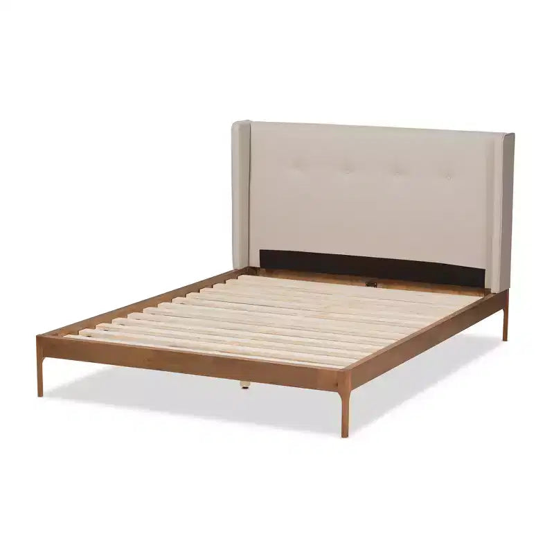 Letto a piattaforma trapuntato Beige Wingback – Moderno di metà secolo, Matrimoniale/King, 1-2 persone