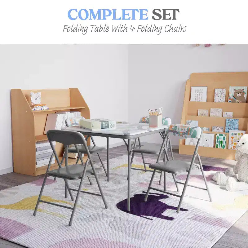 Tavolo pieghevole per bambini con 4 sedie – Nero / Blu / Grigio / Blu navy / Stampato / Marrone chiaro / Bianco