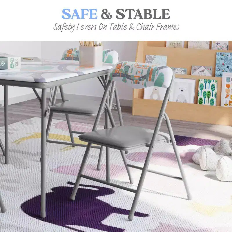 Tavolo pieghevole per bambini con 4 sedie – Nero / Blu / Grigio / Blu navy / Stampato / Marrone chiaro / Bianco
