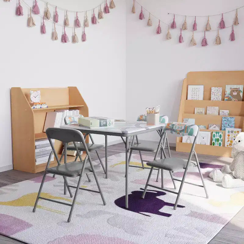 Tavolo pieghevole per bambini con 4 sedie – Nero / Blu / Grigio / Blu navy / Stampato / Marrone chiaro / Bianco