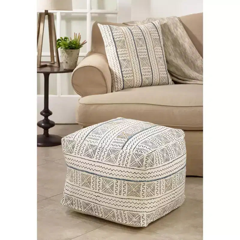 Pouf da pavimento in tela Mudcloth bianca quadrata - Seduta singola